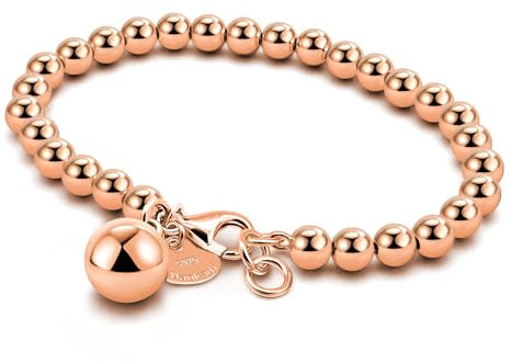 Dankadi Bracelet de Perles pour Femme en Argent 925 Large de 4MM 6MM Sans et Avec Pendentif Coeur, Long 13-21CM Doré Or Rose Cadeau Fête Maman Fille Homme (16CM, Doré Rose 6MM Avec Pendentif Grelot)