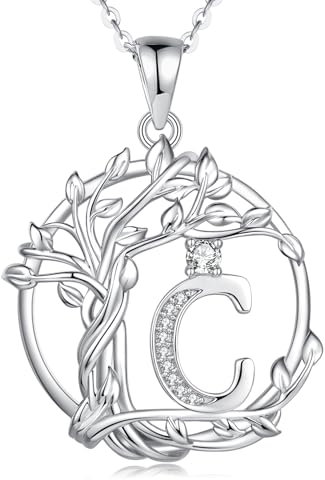 FANCIME Lebensbaum Buchstaben Kette Damen, 925 Sterling Silber C Alphabet Initialen Anhänger Halskette Schmuck Geschenke für Damen Frauen Mädchen, Kettenlänge: 40+5 cm