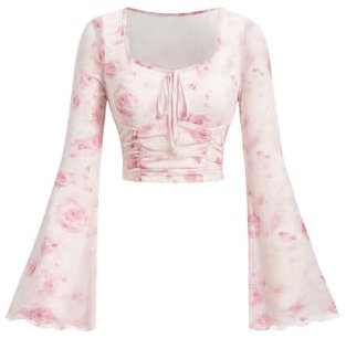 GORGLITTER Damen Batik Crop Top Bauchfrei Oberteile Langarm T-Shirt Mesh Langarmshirt mit Ausgestellter Ärmel Hell-Pink M