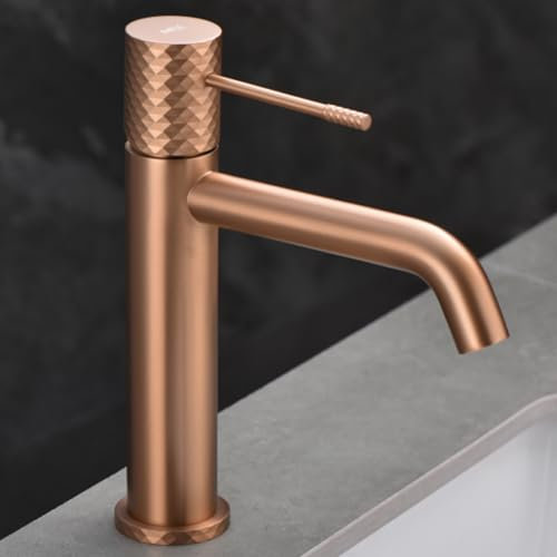 IMEX - Grifo Monomando Lavabo | Grifo Baño Mezclador Agua Fria y Caliente | Grifo para Baño Acero Inoxidable y Ahorro de Agua sobre Encimera | Serie Génova | Color Oro Rosa Cepillado