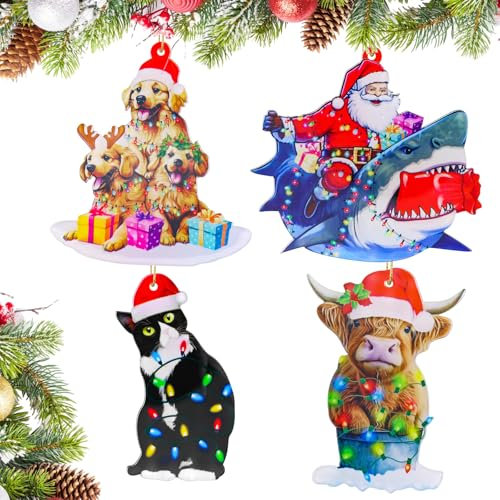 LETTERASHQP Weihnachtsbaumschmuck 4 Stück Weihnachtsbaumschmuck Tiere lustig weihnachtskugeln lustig Acryl Tannenbaumschmuck Christbaumschmuck Ausgefallen Christbaumkugel Personalisiert