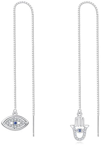 Evil Eye Pull Through Ohrringe 925 Sterling Silber Türkisches Auge Hamsa Hand von Fatima Lange hängende Einfädler Ohrringe für Damen (Eye Hamsa Earrings)