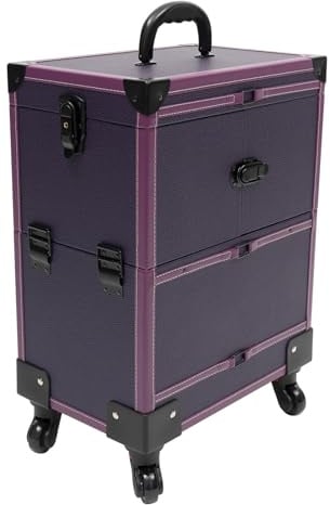 7-Compartment Modern Rolling Makeup Train Case Trolley Cosmetic Organizer Box Beauty for Artist Salon Box+Mirror for Professional Make-up Artists Hairdressers Nail Technicians Beauticians (Purple)