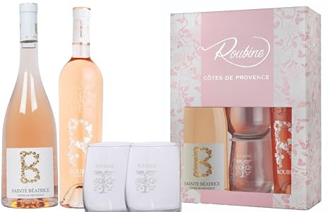 Roubine Côtes de Provence Rosé Gift Set with 2 Bottles and 2 Glasses – Premium French Rosé Wine in a Beautiful Floral Box, Perfect Seasonal Gift for Her and Special Occasions