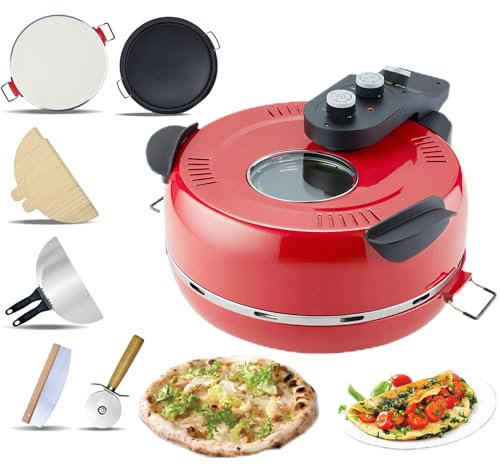 Aufsatz-Pizzaofen für den Innenbereich, 16-Zoll-Elektro-Pizzaofen, Pizzakocher mit Pizzastein und Grillpfanne, heizt bis zu 380 °C, Tisch-Pizzabereiter mit Sichtfenster,Timer,für Zuhause, Terrasse