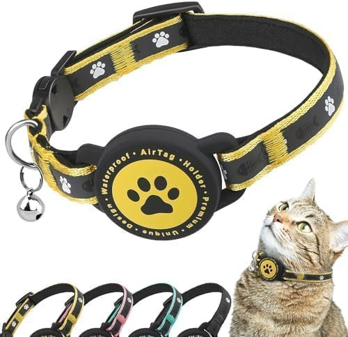 Airtag Katzenhalsband Breakaway, Reflektierendes Kätzchenhalsband mit Airtag-Halterung und Glocke, Bequeme Polsterung, Verstellbar, Langlebig, Passend für Katzen (Gelb,S)