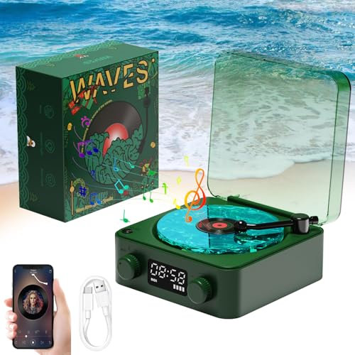 MeYuxg Dark Green Waves Vinyl Bluetooth Turntable with Water Waves Lamp, Retro Gramophone Design, Portable Wireless Player for Bedroom, Office, Party