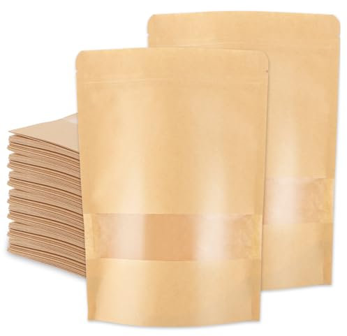 SENENQU 80 Stück Papiertüten Mit Fenster, 20×30CM Standbodenbeutel Kraftpapier, Geschenktaschen Kraftpapiertüten Mit Klarem Fenster für Nüsse Und Lebensmittel Verwendet