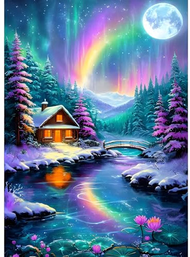 GDYEEH Aurora Borealis Diamond Painting Erwachsene, 5D Regenbogen Diamant Kunst Bilder Anfänger, DIY Hütte Runder Vollbohrer Diamanten Malerei Stickerei Kreuzstich Geschenke Home Wand Dekor 30x40cm