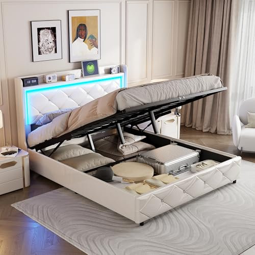 PerGar Doppelbett Polsterbett 140x200cm, Erwachsenenbett mit Lattenrost, Hydraulisches Stauraumbett mit USB Aufladen und LED Beleuchtung, Funktionsbetten, Funktionsbett, PU Leder, Weiß
