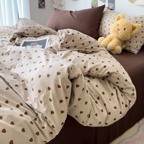 Nyescasa Herz Bettwäsche 135x200 Braun Herzen Bettbezug Mädchen Kinder Weich Mikrofaser Herzmuster Wendebettwäsche Set mit Reißverschluss und Kissenbezug 80x80cm