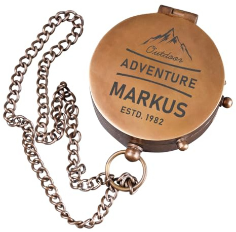 polar-effekt Messing-Kompass mit Metallkette und Gravur - Geschenk für Frauen und Männer - Taschenkompass mit Namen - Geeignet für Camping & Wandern - Farbe Bronze