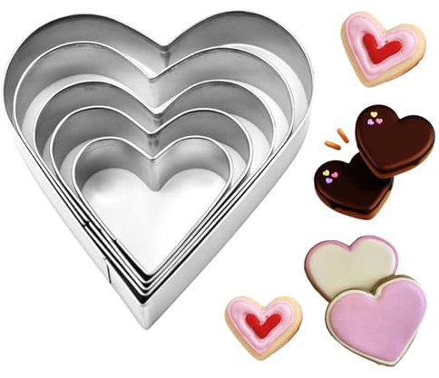 5 Pieces Heart Cookie Cutters Set for Baking Mousse,Stainless Steel Heart Shaped Cake and Biscuit Cutters,Various Size are Suitable for Decorating Christmas Birthdays Easter and Fun Time with Kids