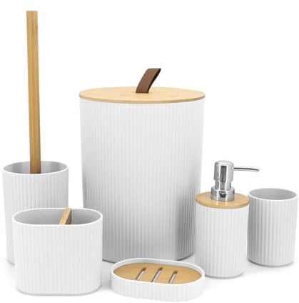 Yuhtech 6 Pieces Bathroom Accessories Set, Bamboo Bathroom Accessory, Bathroom Essentials Set, Modern Plastic Bath Set with Soap Dispenser, Toothbrush Holder Cup, Bathroom Bin and Toilet Brush(White)