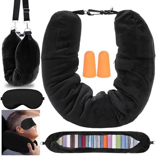 KufaerBeam Befüllbares Nackenkissen, Reisekissen Stopfbares für Flugzeug & Reisen, U-förmiges Füllbares Nackenkissen, Multifunktionales Nackenkissen mit Eye Mask und Ohrenstöpsel (Schwarz)