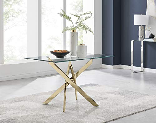 Mesa de comedor minimalista de cristal con patas de metal dorado, mesa moderna de 4 plazas