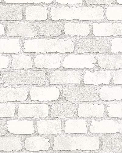 marburg Steintapete Weiß Backstein Optik Ziegelstein 3D Effekt für Schlafzimmer Wohnzimmer oder Küche Tapete Steinoptik 10,05m x 0,53m 58412 (Packung mit 6)