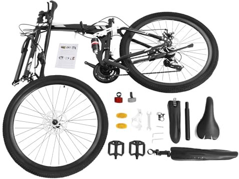 26 Zoll 21-Gang Mountainbike, 100kg Tragfähigkeit Fahrrad Citybike Vollgefederte Fahrräder Klapprad Camping City Bike Zusammenklappbar mit Stoßdämpfer Federgabel und Scheibenbremse für Herren Damen