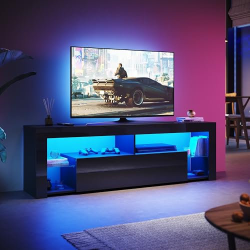 SUNXURY TV Board Schwarz, LED TV Schrank 160cm mit 16 Led Farben Beleuchtung TV lowoard mit Glasböden B160 x T35 x H50,5 cm