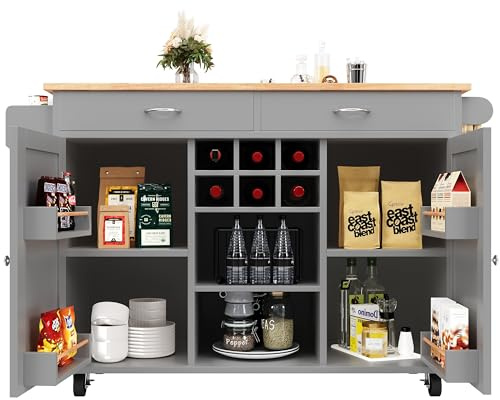 Lahoomu Kücheninsel(102×45×92cm), Küchenschrank, Buffetschrank, Speisewagen mit Holzmaserung, Multifunktionale Esstisch mit Speicherraum, Grau