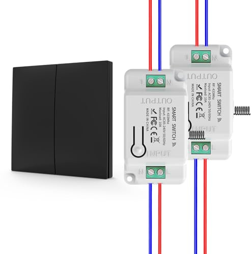 KADMOS Funk-Lichtschalter Set,selbstversorgt Funk Lichtschalter,Drahtloser Schalter- keine Batterie erforderlich,automatischer Rebound-Schalter,keine Verkabelung erforderlich (2key 2receiver-Black)