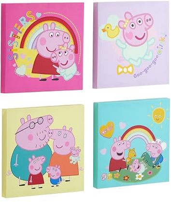 Peppa Wutz Wandkunst-Set, Kinderzimmer-Dekoration, Kinderzimmer- und Spielzimmer-Dekoration, Cartoon-Charaktere, Leinwanddrucke, je 27,9 x 27,9 cm, 4-teilig