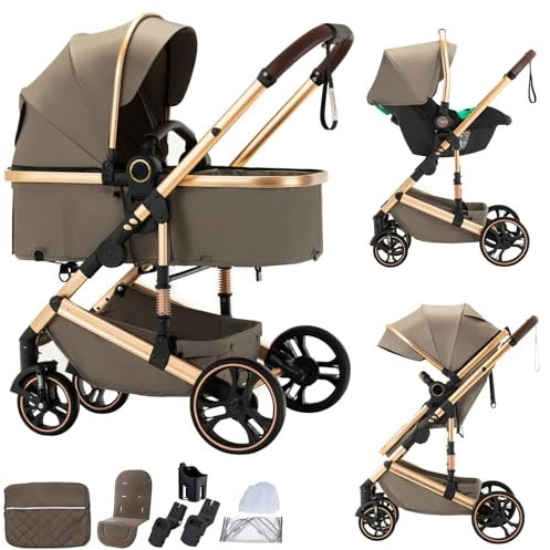 BEBBY 3-in-1 Kinderwagen KombiKinderwagen-Set 2-in-1 Buggy faltbar Luxus Hochlandschaft Neugeborenes Tragbarer Zusammenklappbarer Kinderwagen Travel System (H9-BROWN, H9 Eintastfalten)