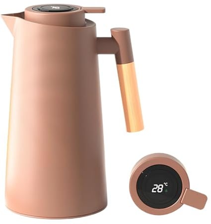 Colexy Thermoskanne 1L, Isolierkanne mit Temperaturanzeige, gut abgedichtet Kaffeekanne Teekanne Thermo mit Holzgriff, Tee Thermoskanne für Wasser, Kaffee, Tee, Milch, Getränk (Rosa)