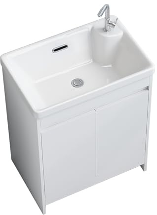 TYMYW Meuble Salle de Bain avec Lavabo et Robinet avec Pieds Meuble sous Lavabo avec Rangement et Charnière Tampon,Blanc,60Cm
