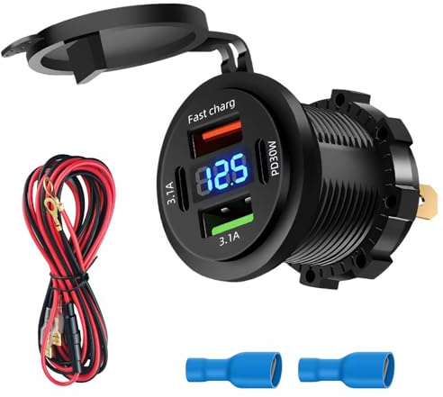 4 Puertos Toma USB de 12V Cargador de Coche, Impermeable Rápido para Motos | 66W Doble PD3.0 y QC3.1 Enchufe Impermeable Mechero, con Led Voltímetro, Barcos Autocaravanas Camiones, Múltiples Puertos
