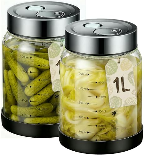 Fermentierglas mit Deckel - Gärglas Einmachglas 1l zum Auskochen Geeignet, Kefir Glas Fermentiergläser mit Gärventil, Sauerkraut Fermentationsglas, Kimchi Behälter Jar für Gurke/Sauerkraut 2PCS