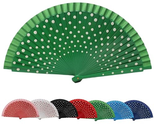 Flamenco Spanish Wood Folding Fan,Spanish Hand Fan Foldable,Dots Pattern Modern Classical Vintage Wood Hand Fans (Green)