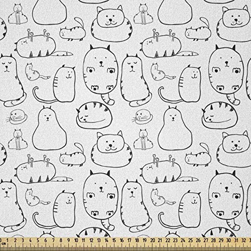 ABAKUHAUS Katze Stoff als Meterware, Fauler Pelz Feline Haustiere, Microfaser Stoff für Kunsthandwerke und Dekoration, 5M (230x500cm), Weiß Schwarz