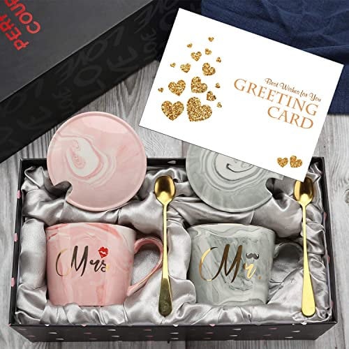 exreizst Kaffeebecher mit Aufschrift Mr and Mrs Hochzeitsgeschenk für BrautBrautparty Verlobungsgeschenk Jahrestagsgeschenk,für Ehepaare, 340 ml, Keramik-Marmorbecher (oval)