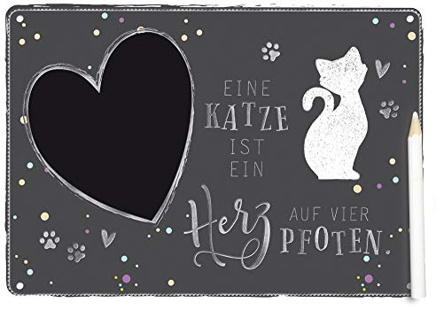 KE - Personalisiertes Dekoschild aus MDF-Holz, 21x15cm, mit Tafelfolie und Stift für individuelle Nachrichten, farbig bedruckt, inklusive Folienprägung - Motiv: Katze