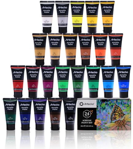 Artecho Pinturas Acrilicas 24x60ml, Acrylic Paint Set, Impermeable y resistente a la luz, para Lienzos, Tela, Madera, Cristal, Piedras.