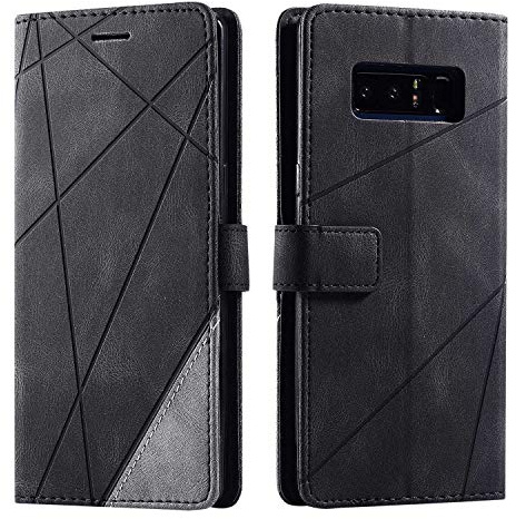 SONWO Hülle für Samsung Galaxy Note 8, Premium Leder PU Handyhülle Flip Case Wallet Silikon Bumper Schutzhülle Klapphülle für Galaxy Note 8, Schwarz