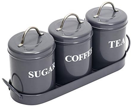 Xbopetda Tea Coffee Sugar Canisters, 3 Piece of Metal Food Storage Tin, Kitchen Canister Set with Metal Tray, Dry Food Storage Containers for Tea Coffee & Sugar-Gray