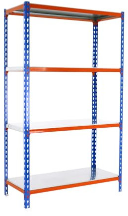 Simon Rack Étagère Rangement et 4 Niveaux, 180 kg Capacité de Charge et Point de Flexion, 1500x1000x400 mm, Étagère Charge Lourde, Étagère Garage, Bleu/Orange/Galvanisé - Simonclick