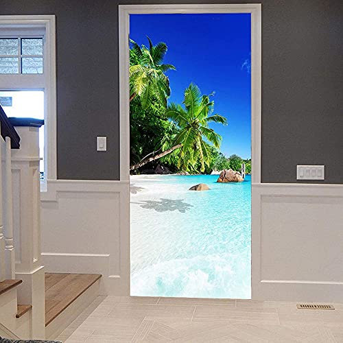 Türtapete Selbstklebend Türfolie Türposter 3D Kokosnussbaum Strand Blau Strand Auf Insel Tropischen PVC Türdeko Tapete Wandbild Türaufkleber Türtattoo Wasserdichte Tapete Wandbild 70 x 200 cm