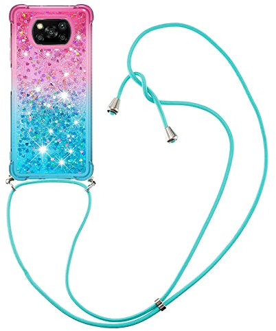 Ysnzaq Funda con Cuerda para Xiaomi Poco X3 NFC, Glitter Líquido Quicksand Ultrafina Silicona Carcasa Ajustable Collar Protección Case para Xiaomi Poco X3 Pro / X3 NFC YBG Pink Green.