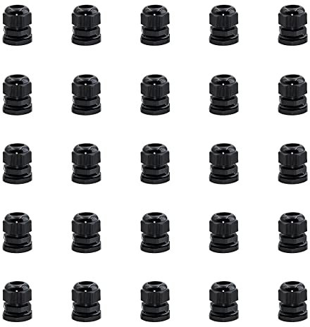 25 Pack Cable Glands Waterproof PG7, Nylon Plastic Waterproof Adjustable 3/25”-1/4” (3mm-6.5mm), Black Nylon Joints with Gaskets, Cable Strain Relief Cord Connector