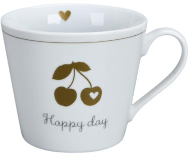 Krasilnikoff - Henkeltasse, Happy Cup - Gold Cherry Happy Day - Porzellan - Farbe: weiß - (ØxH) 10 x 9 cm