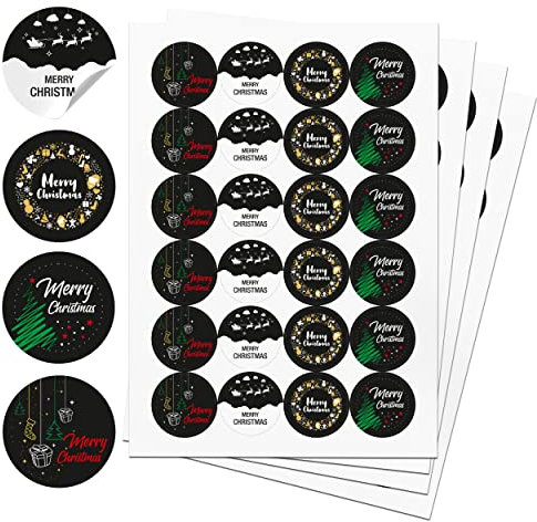 TOBJA® Aufkleber Weihnachten EN schwarz - 96x Weihnachtsaufkleber für Geschenke in 4 Variationen | Sticker Set Merry Christmas | 4 cm Etiketten rund