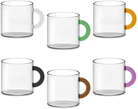 WD LIFESTYLE Set di 6 tazze da caffè in vetro borosilicato. Capacità: 100 ml. Maniglia colorata in massa