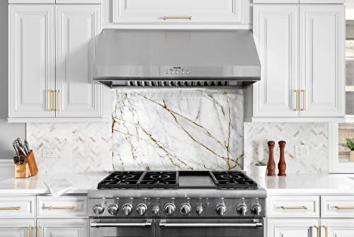 Myphotostation White and Gold Marble Tempered Glass Backsplash 70WX43H'' Abstract Splashback for Kitchen Wall Decor Bathroom Wall Protector Stove Backsplash Panel Tile Glass Splashback Kitchen