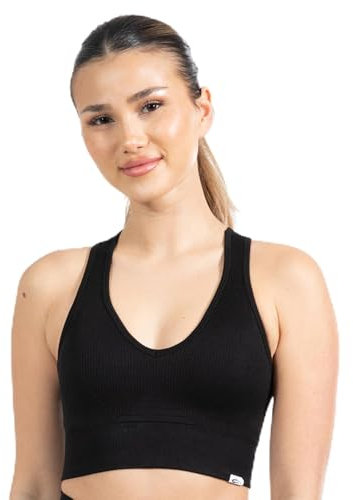 SMILODOX Sport BH Damen Amaze Pro - Blickdicht rutschfest Sport Bra - Seamless Gerippter Stoff Crop Top - Atmungsaktive Yoga Tank Top für Fitness & Gym, Größe:L, Color:Schwarz
