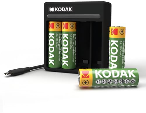 Kodak Rechargeable AA Batteries 4-Pack with USB-C 4-Slot Battery Charger (No Adapter Included), Compatible with AA and AAA (NiMH), Charge Double A, or Triple A Batteries, 1000x Charge Cycles (2100mAh)