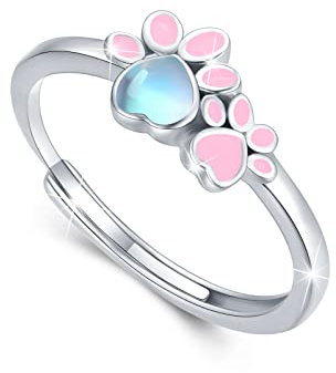 Pfote Ringe 925 Sterling Silber Mondstein Hündchen Pfotenabdruck Ring Verstellbar Ring Tier Ringe Geschenk Schmuck für Damen (Rosa)