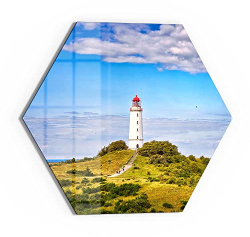 DEQORI Glasbild Echtglas | Motiv Leuchtturm auf Hiddensee | sechseckig einteilig 55x47,6 cm | schöne Dekoration | Wandbild für Wohnzimmer, Schlafzimmer, Flur & Küche | moderne Wanddeko